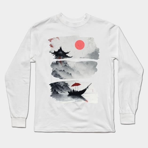 Boat and Red Sun Long Sleeve T-Shirt by InktuitionCo